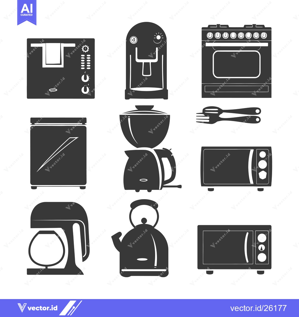 Premium Vector of Black and White Silhouette Icons of Kitchen Appliances