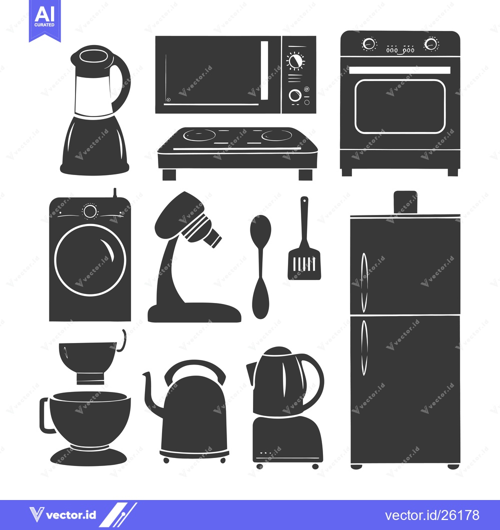 Premium Vector of Black and White Silhouette Icons of Kitchen Appliances