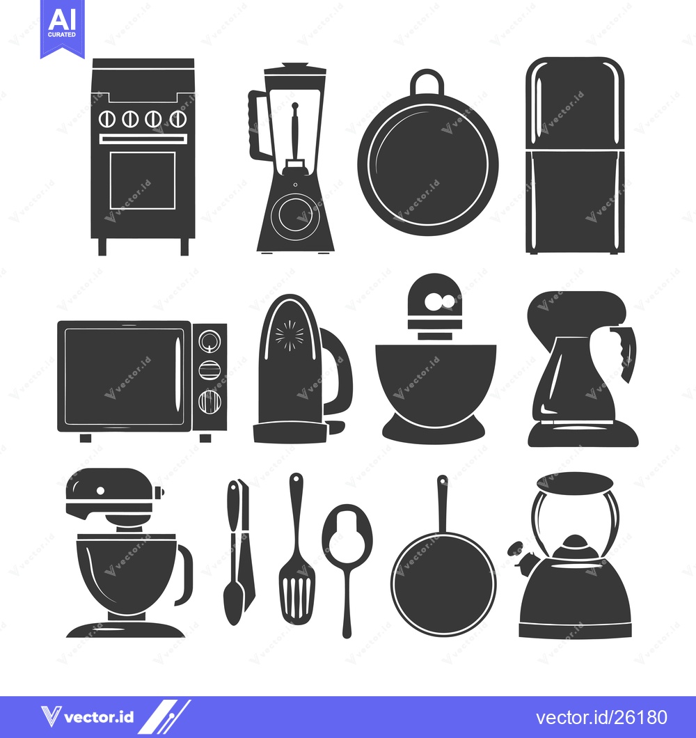Premium Vector of Black and White Silhouette Icons of Kitchen Appliances and Utensils