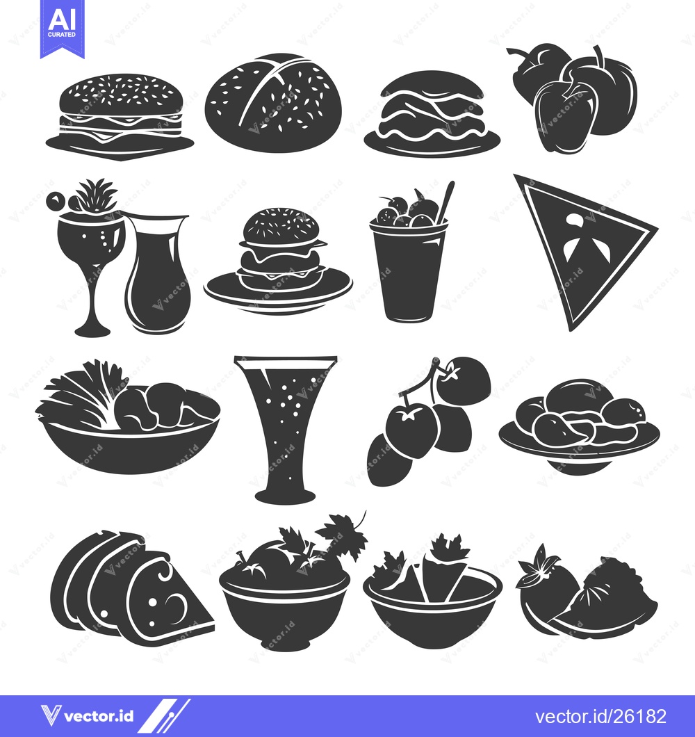 Premium Vector of Black and White Silhouette Icons of Various Food and Drinks
