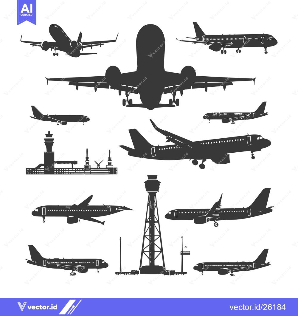Premium Vector of Black and white silhouette illustration of airplanes, airport control