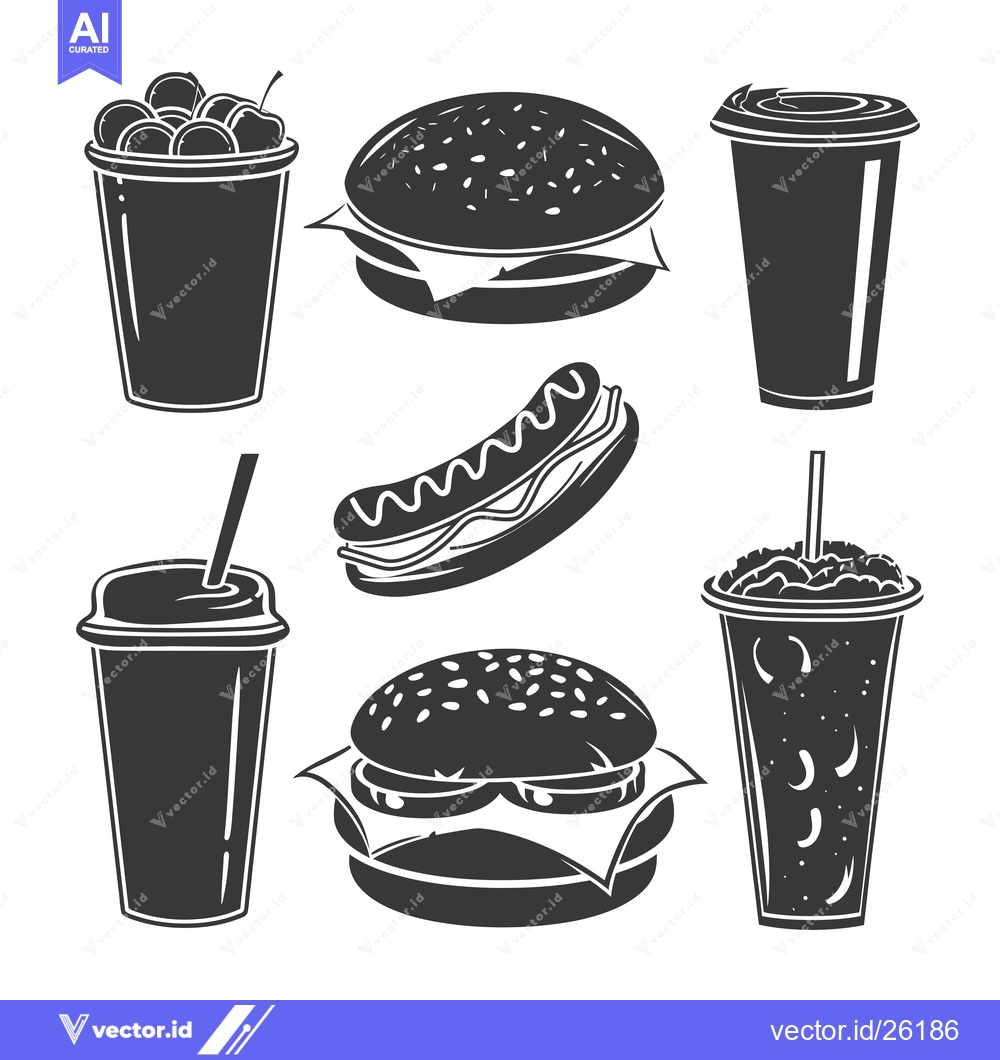 Premium Vector of Black and White Silhouette Illustration of Fast Food Items