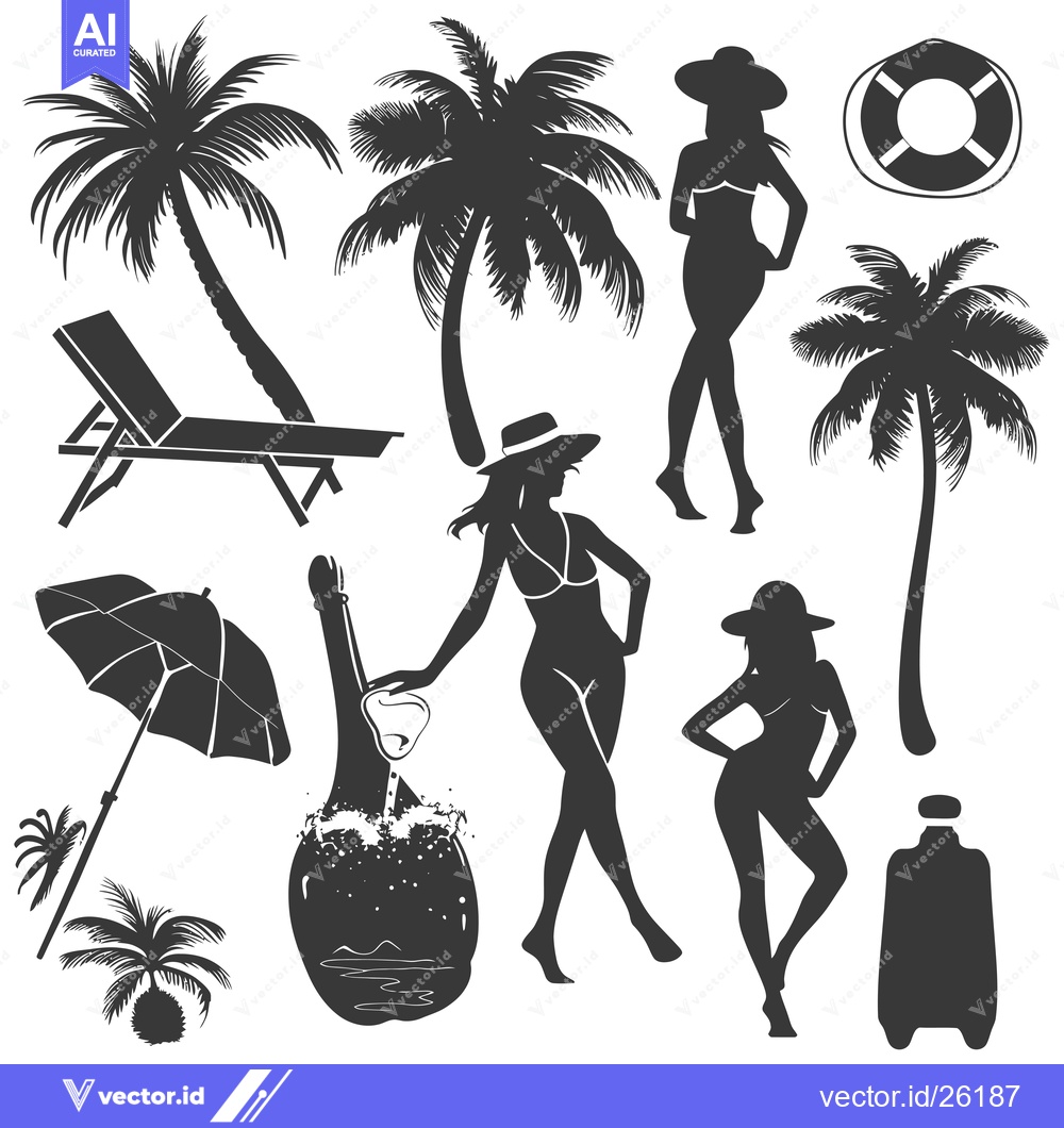 Premium Vector dari Black and White Silhouette Illustration of Palm Trees, Women, and Beac