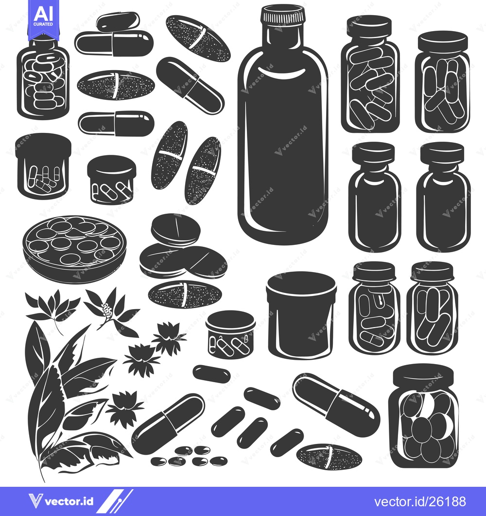 Premium Vector dari Black and White Silhouette Illustration of Pills, Capsules, and Bottle