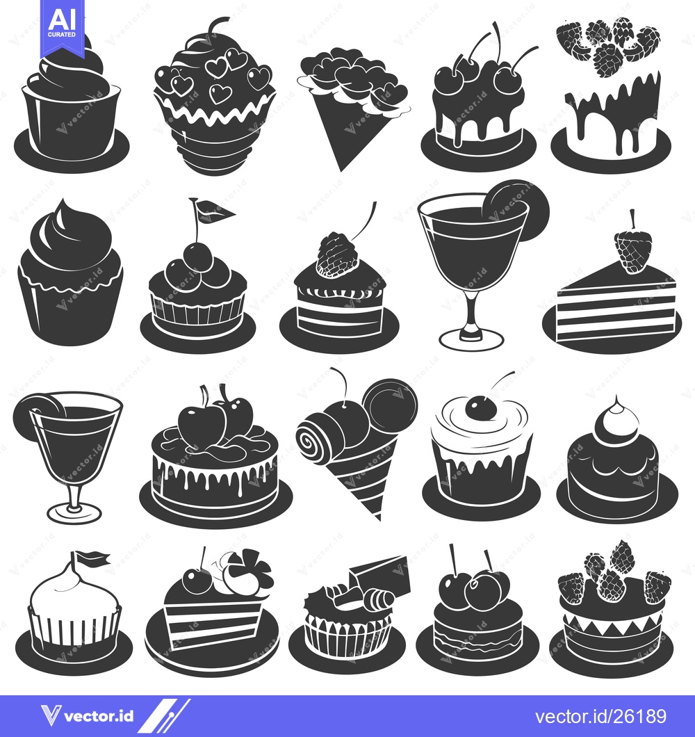 Premium Vector dari Black and White Silhouette Illustration of Various Cakes, Cupcakes and