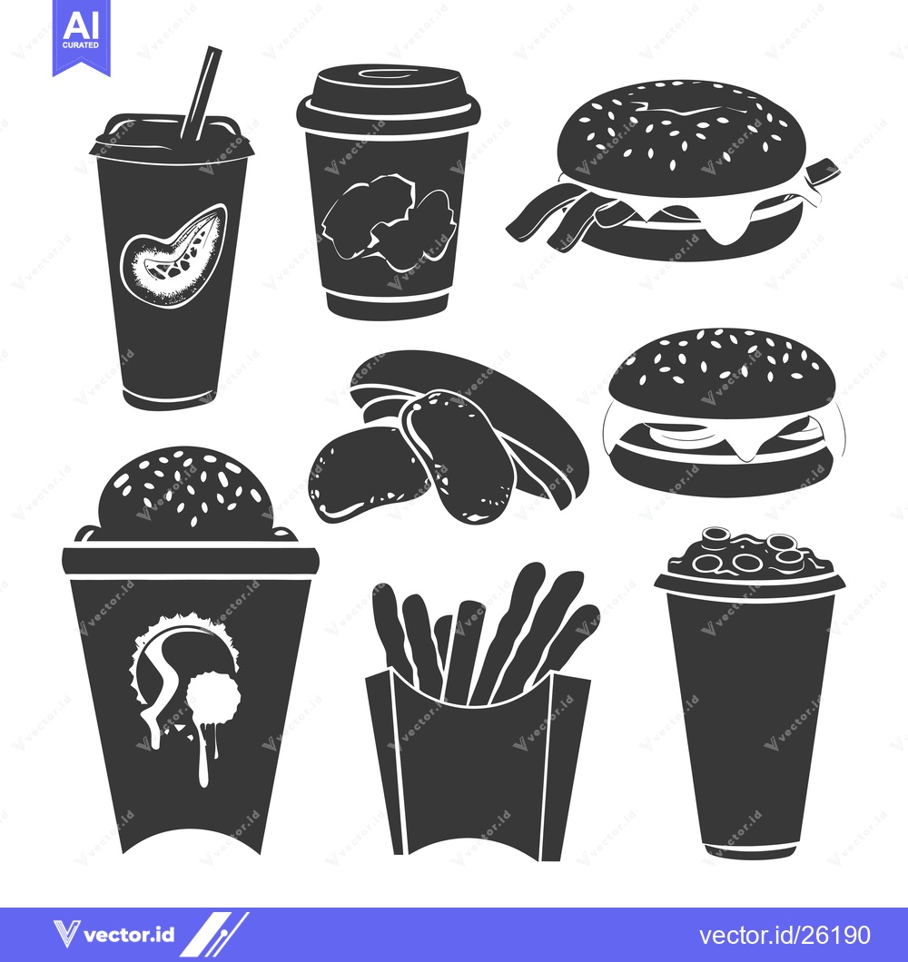 Premium Vector dari Black and White Silhouette Illustration of Various Fast Food Items
