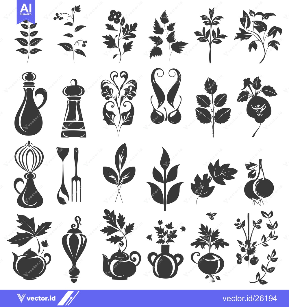 Premium Vector dari Black and White Silhouette Illustrations of Plants, Kitchenware, and O