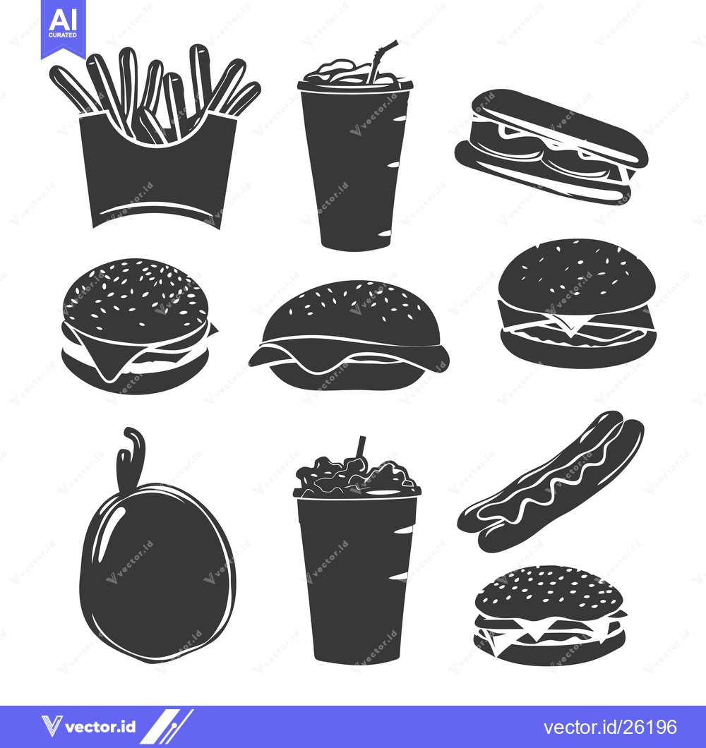Premium Vector dari Black and White Silhouette Illustrations of Various Fast Food Items