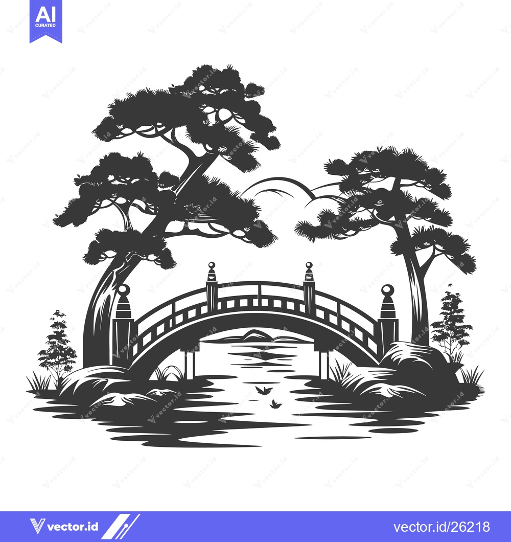 Premium Vector of Black and White Silhouette of a Bridge Over a Pond with Trees and Rock