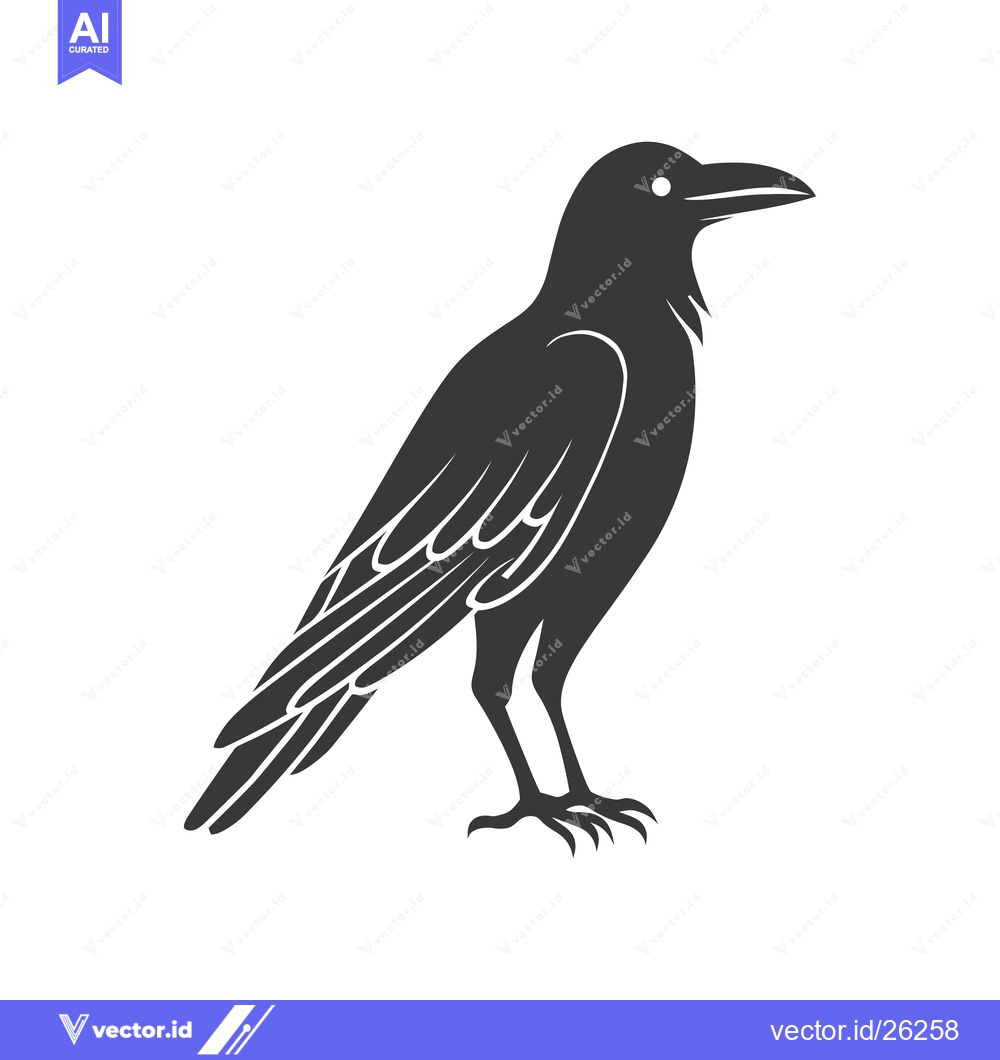 Premium Vector dari Black and white silhouette of a crow standing on a white background