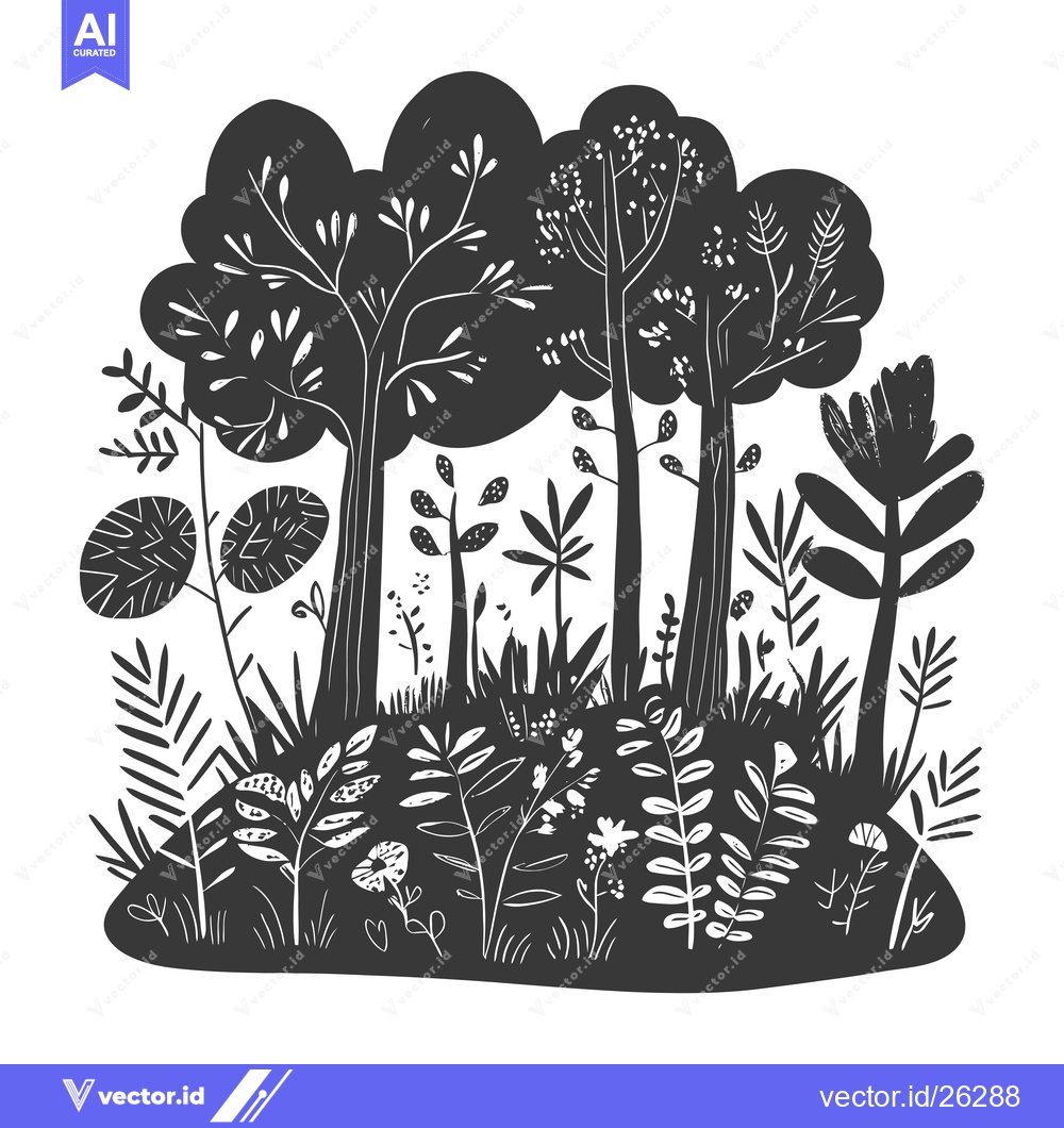 Premium Vector of Black and White Silhouette of a Forest with Trees and Flowers
