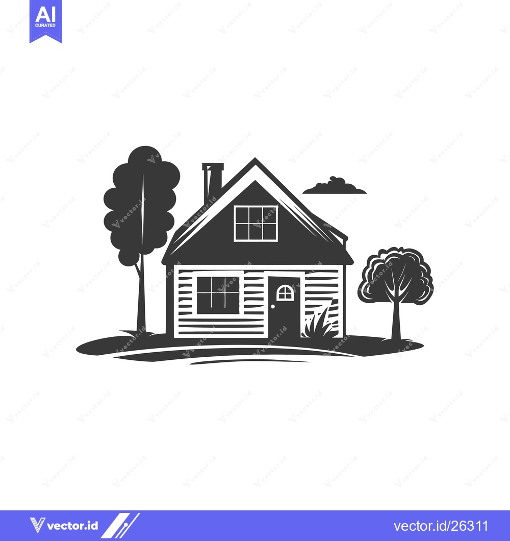 Premium Vector of Black and White Silhouette of a House with Trees