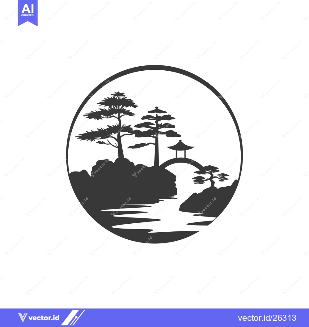Premium Vector of Black and White Silhouette of a Japanese Garden Scene with Trees, a Br