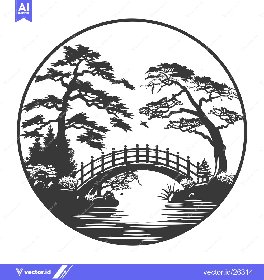 Premium Vector dari Black and White Silhouette of a Japanese Garden with a Bridge