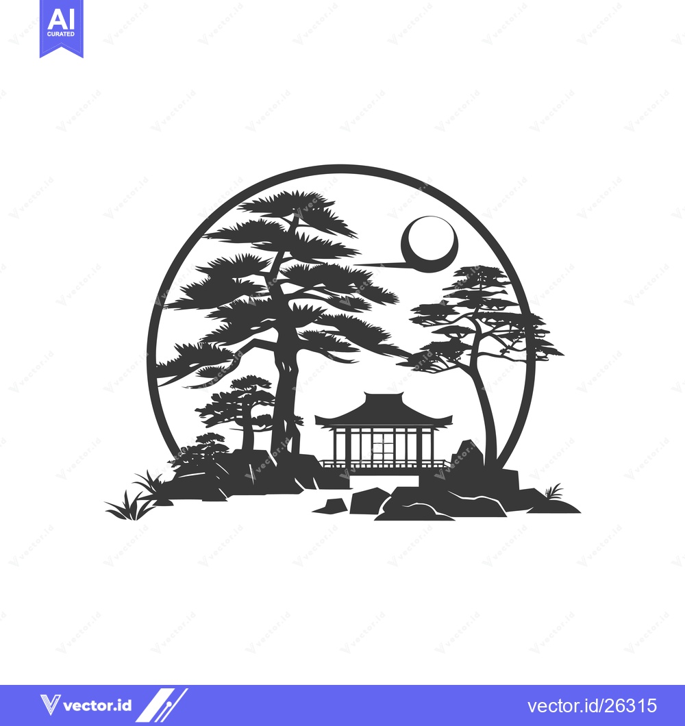 Premium Vector of Black and White Silhouette of a Japanese Garden with a Moon