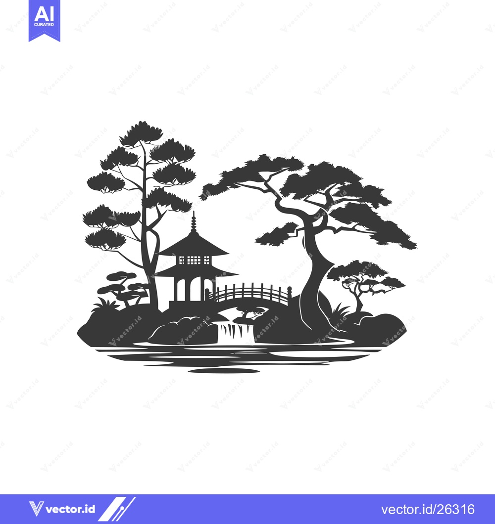 Premium Vector dari Black and White Silhouette of a Japanese Garden with a Pagoda, Bridge,