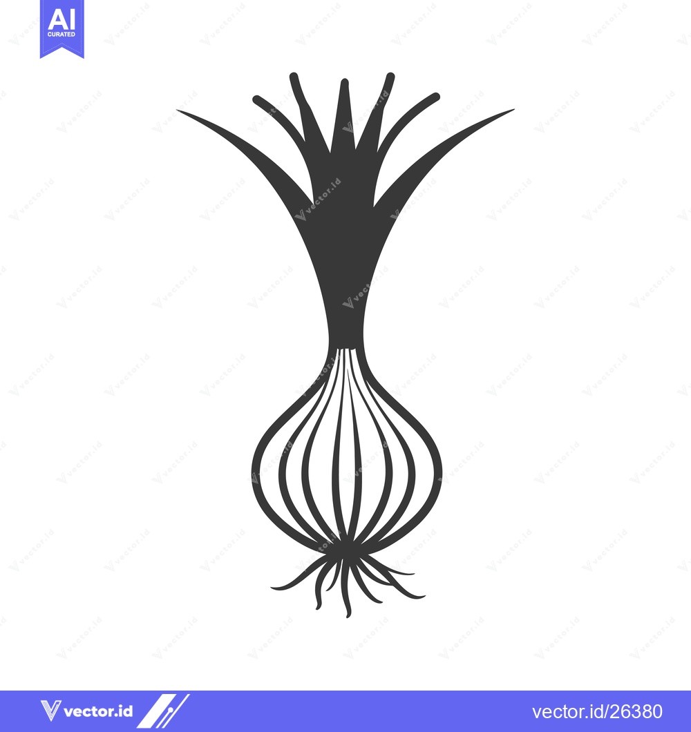 Premium Vector dari Black and White Silhouette of an Onion with Roots and Green Shoots