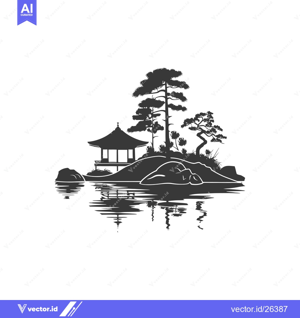 Premium Vector of Black and White Silhouette of a Pagoda on an Island in a Lake