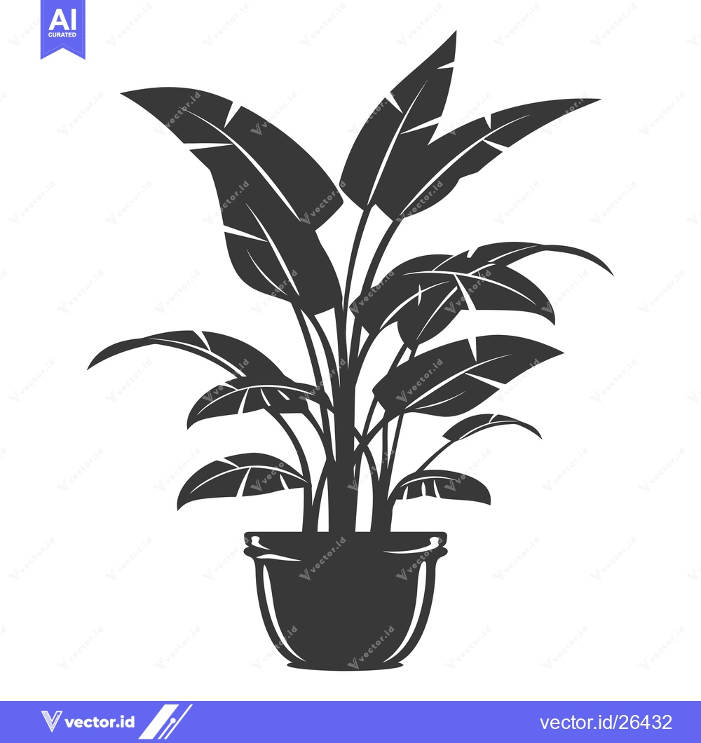 Premium Vector of Black and White Silhouette of a Potted Plant with Large Leaves