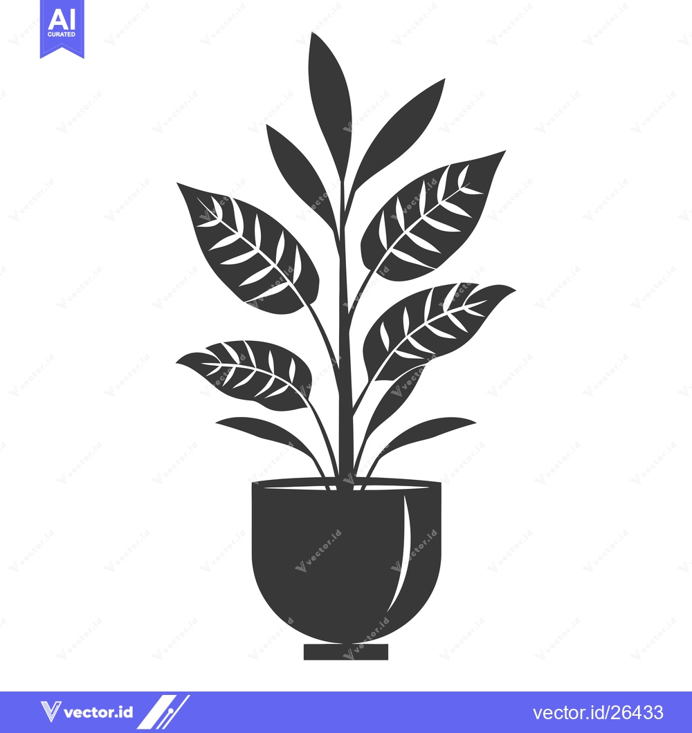 Premium Vector dari Black and white silhouette of a potted plant with leaves
