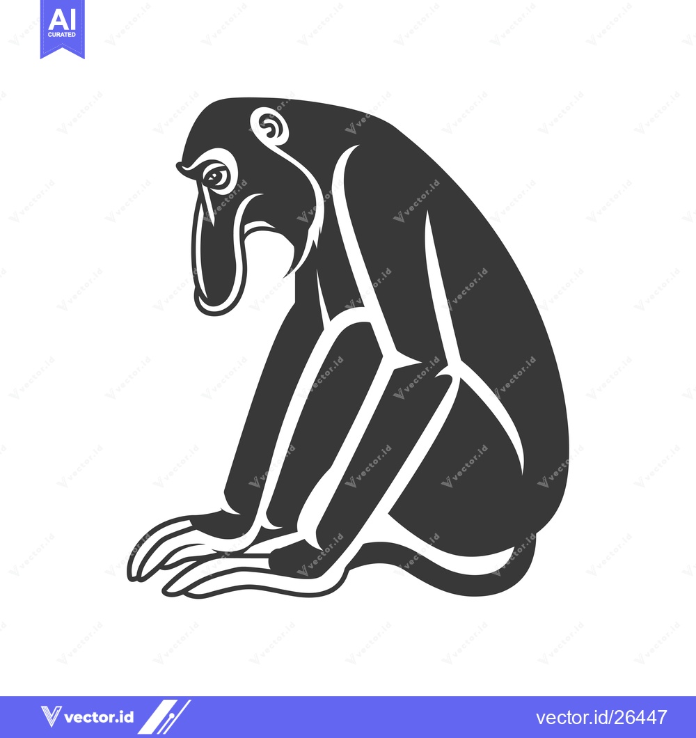 Premium Vector dari Black and White Silhouette of a Proboscis Monkey Sitting