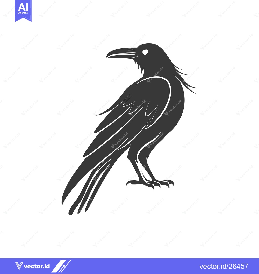 Premium Vector of Black and White Silhouette of a Raven Standing with Wings Folded