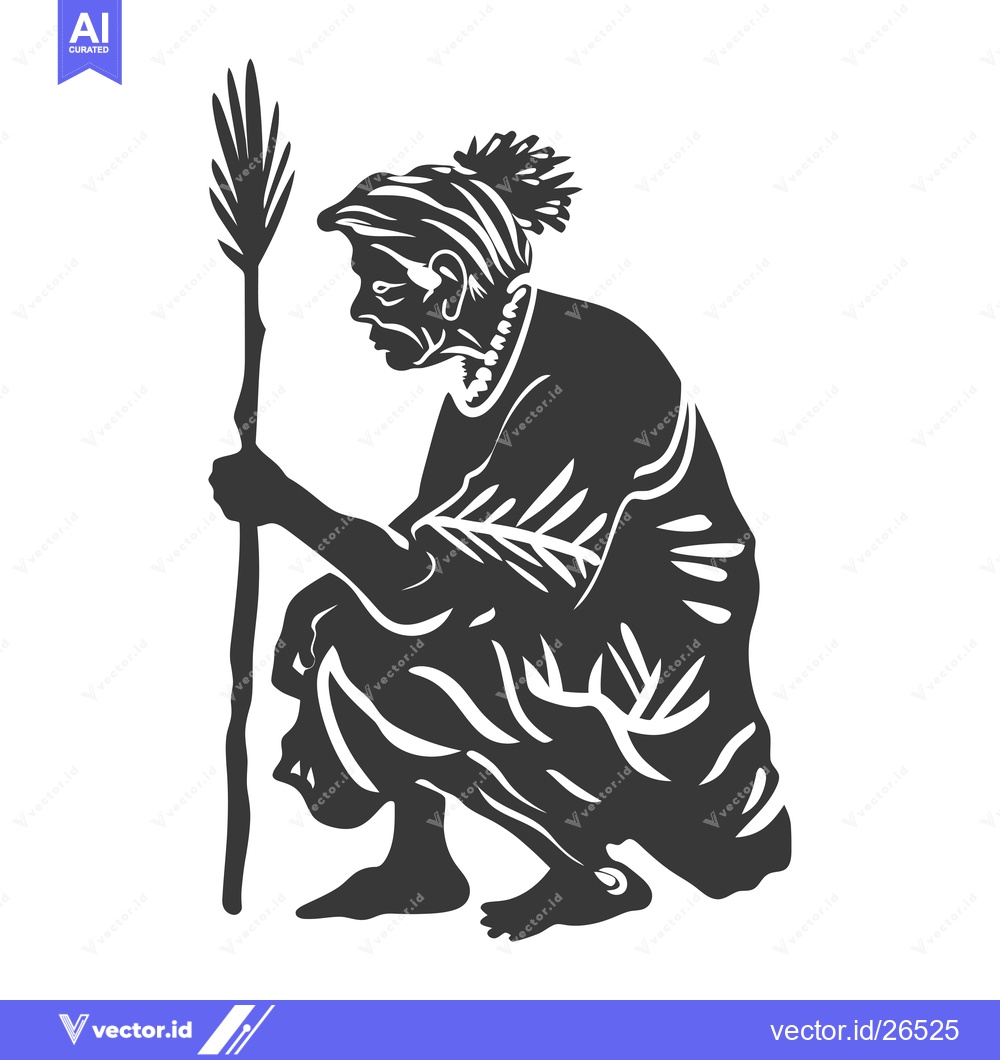Premium Vector of Black and White Silhouette of a Squatting Person Holding a Stick