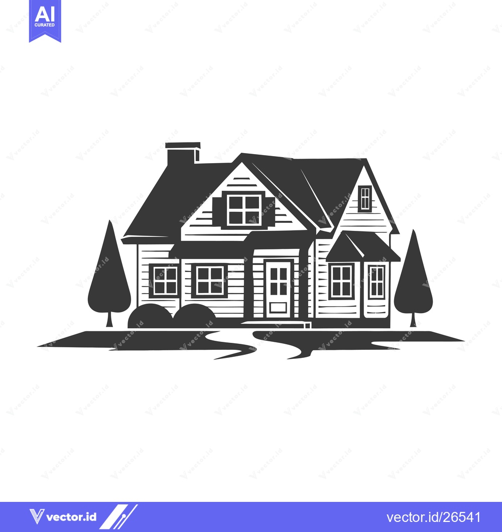 Premium Vector dari Black and White Silhouette of a Suburban Home with a Yard