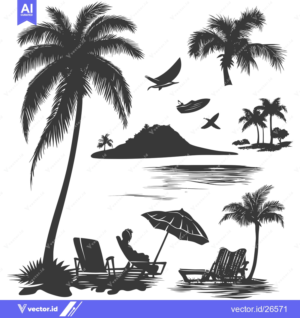 Premium Vector of Black and White Silhouette of a Tropical Beach Scene with Palm Trees,