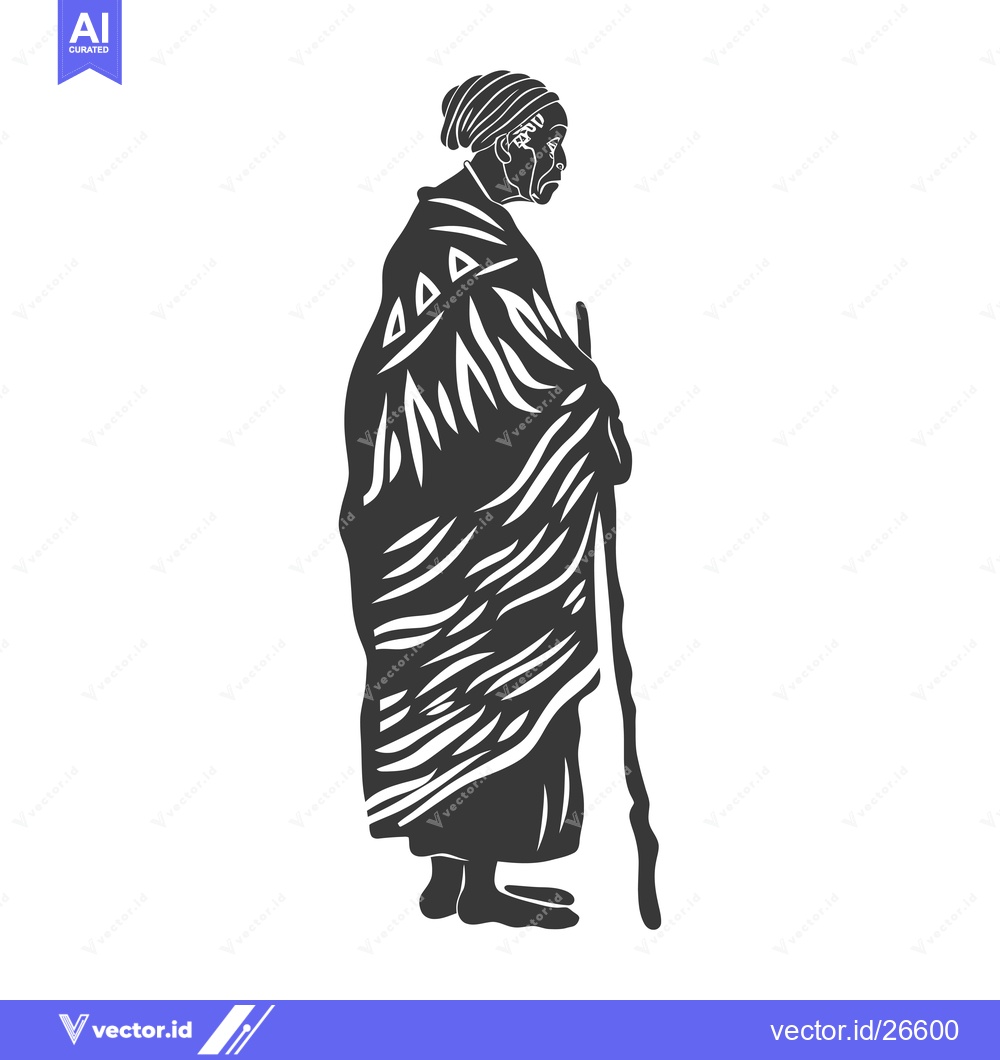 Premium Vector of Black and White Silhouette of a Woman in a Robe with a Staff