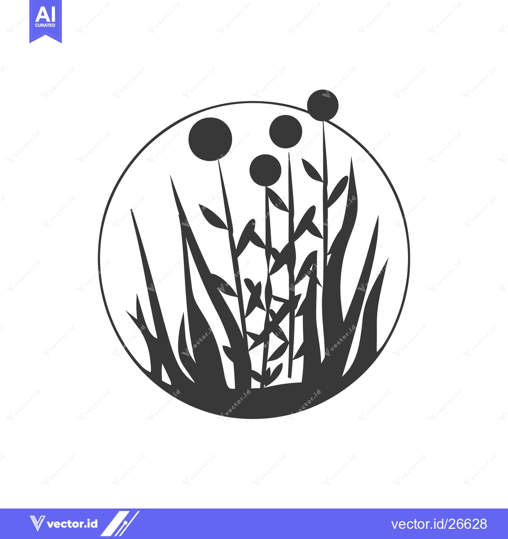 Premium Vector dari Black and White Silhouette of Flowers and Grass in a Circle