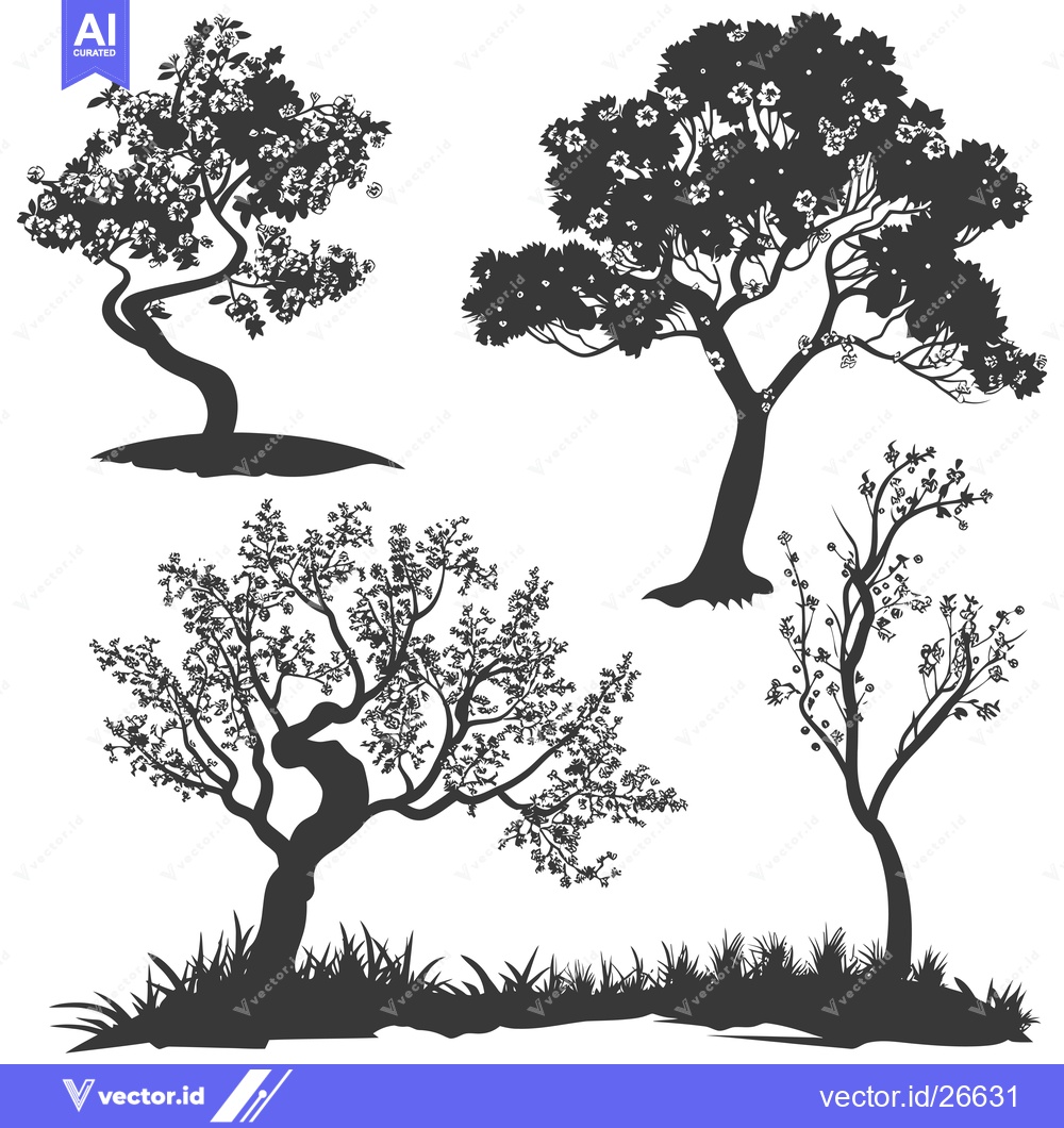 Premium Vector of Black and White Silhouette of Four Blooming Trees