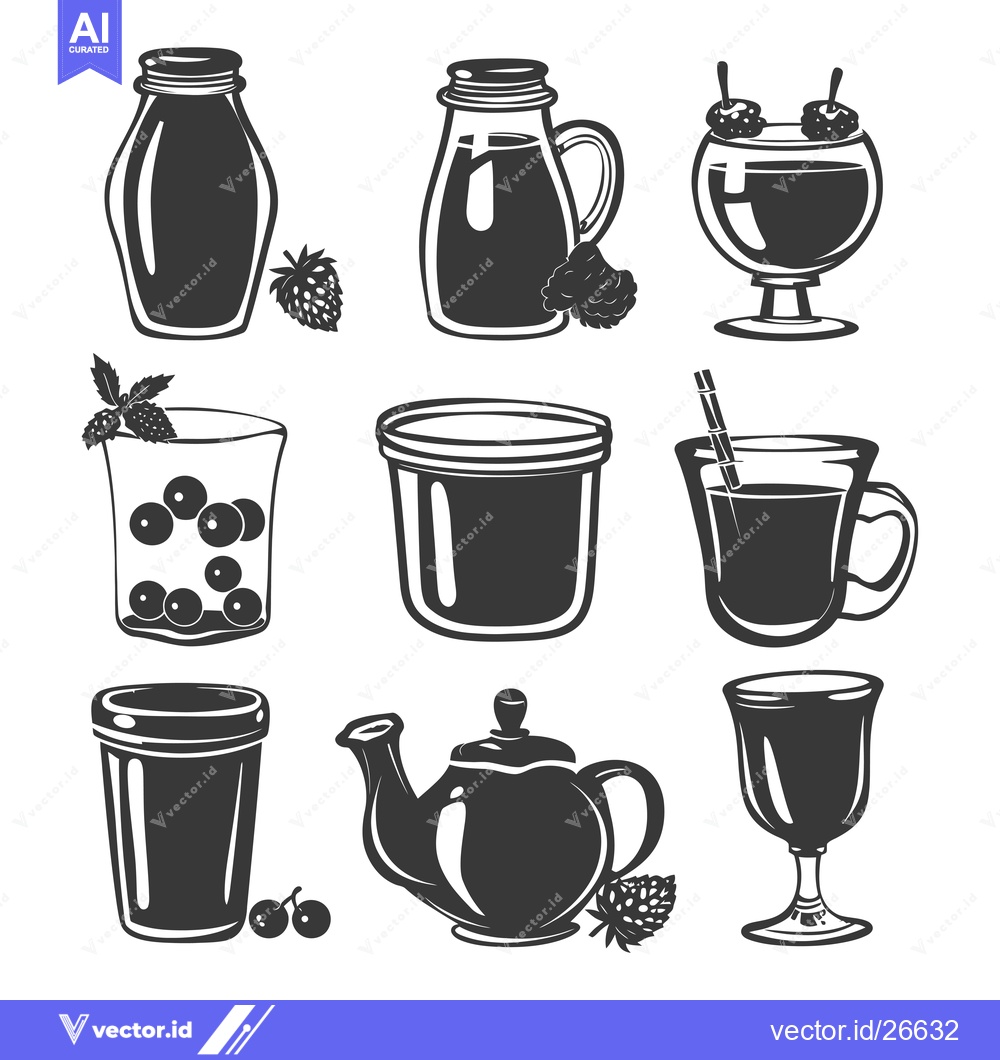 Premium Vector of Black and White Silhouette of Glassware and Fruit