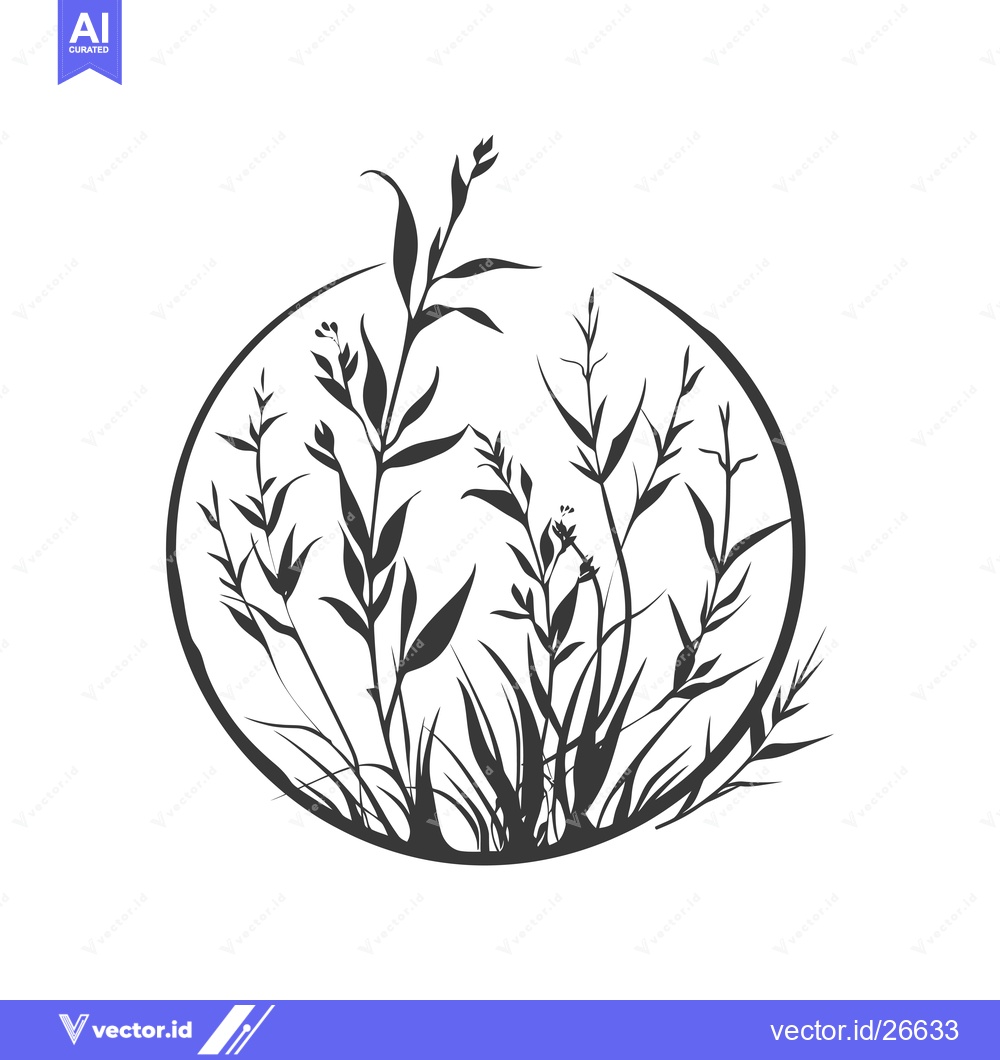Premium Vector dari Black and White Silhouette of Grass and Leaves in a Circle