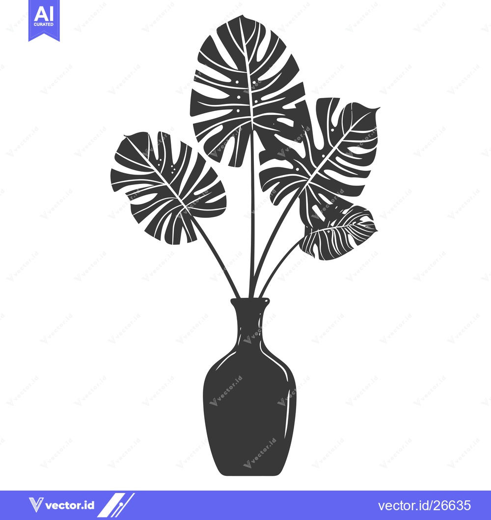 Premium Vector of Black and White Silhouette of Monstera Leaves in a Vase