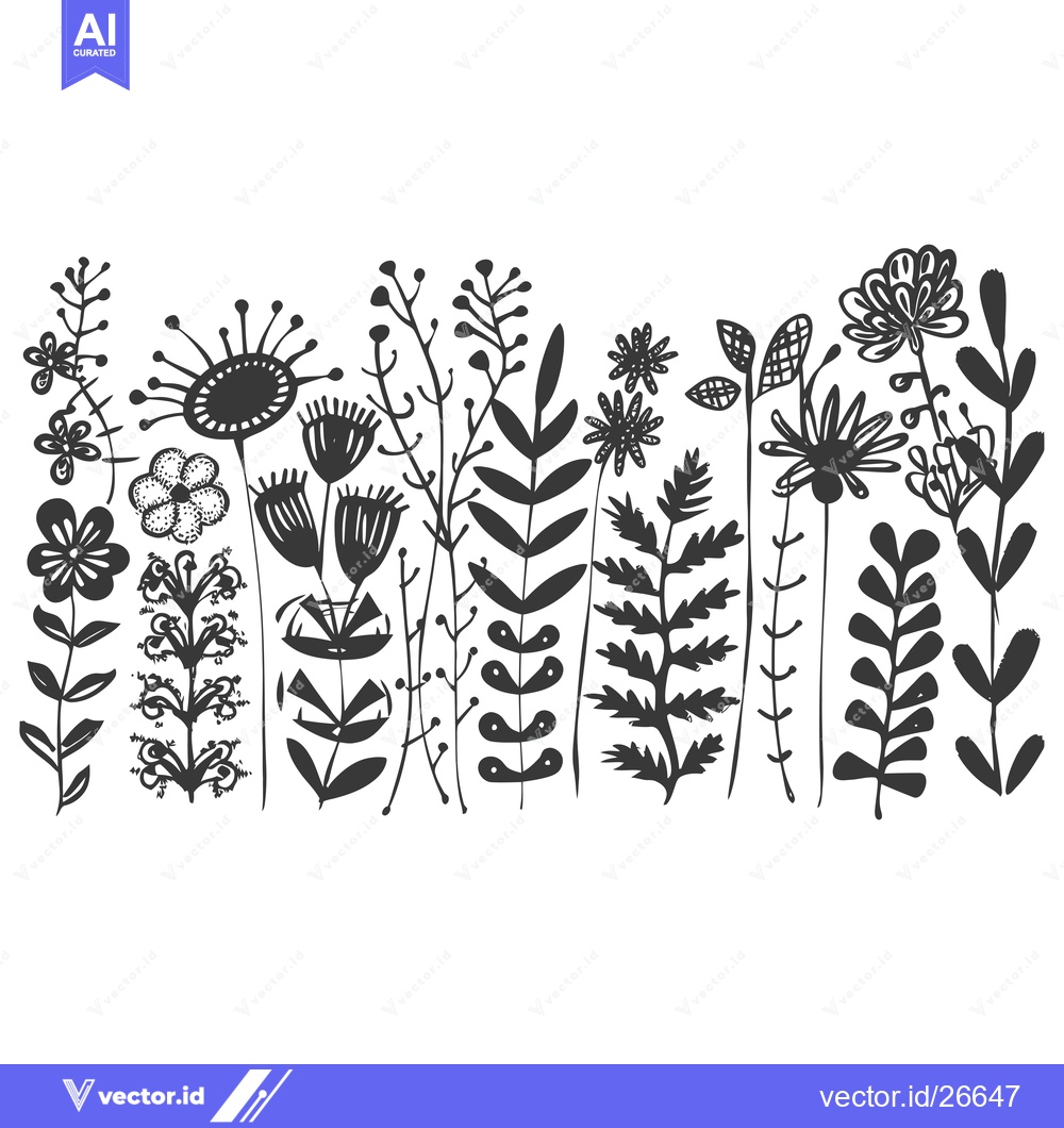Premium Vector of Black and white silhouette of stylized flowers and foliage