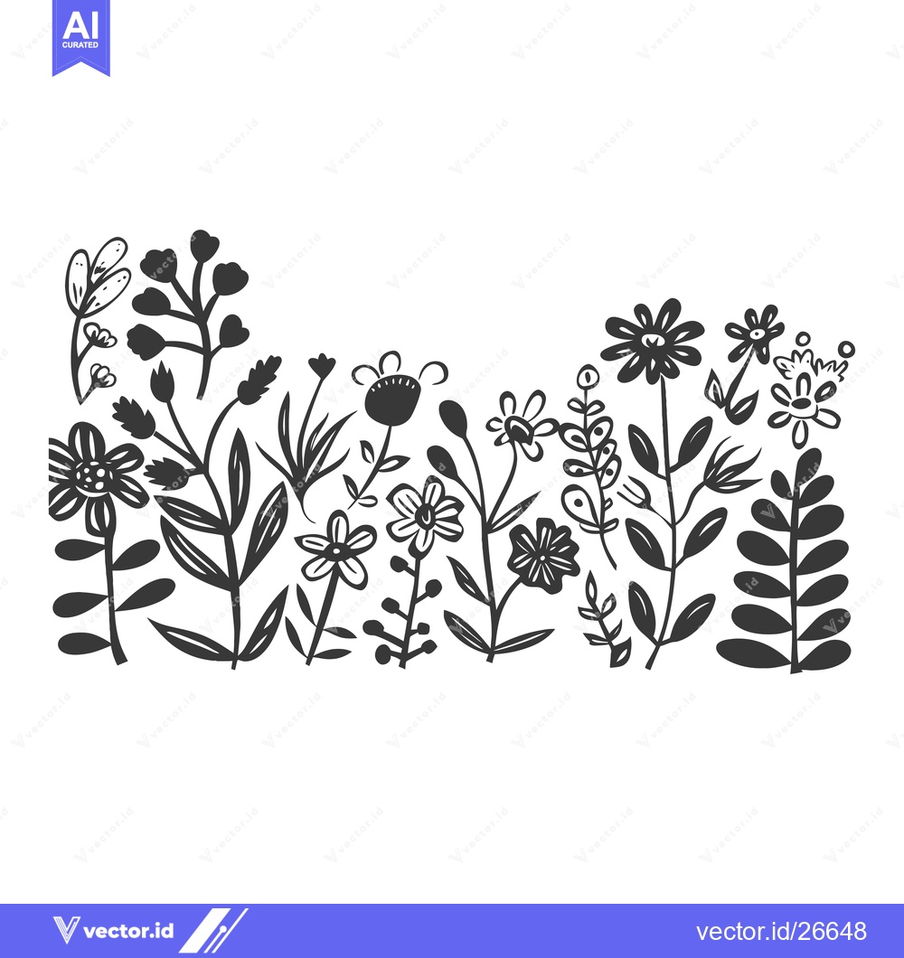 Premium Vector dari Black and White Silhouette of Stylized Flowers and Plants
