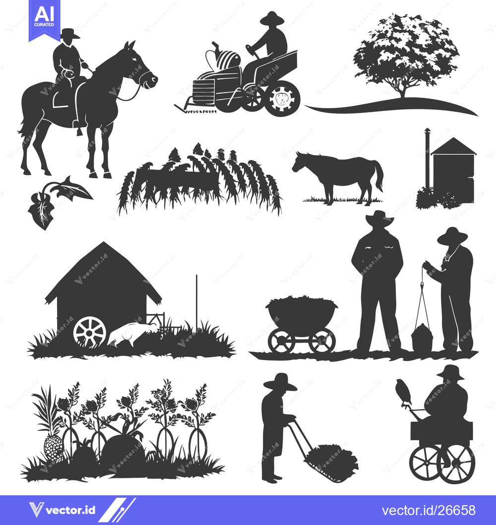 Premium Vector of Black and White Silhouettes Depicting Various Rural Scenes