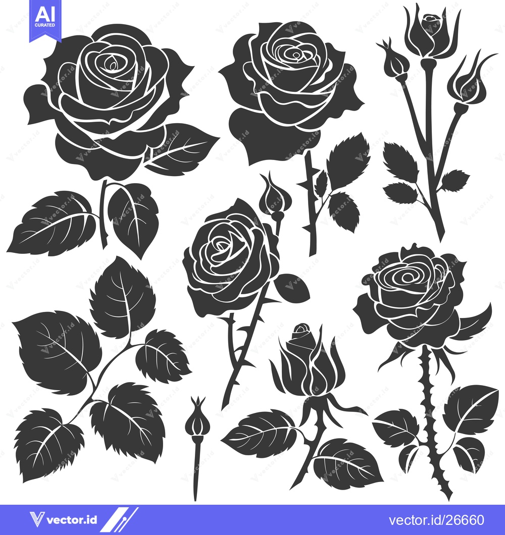 Premium Vector dari Black and White Silhouette Set of Roses and Buds