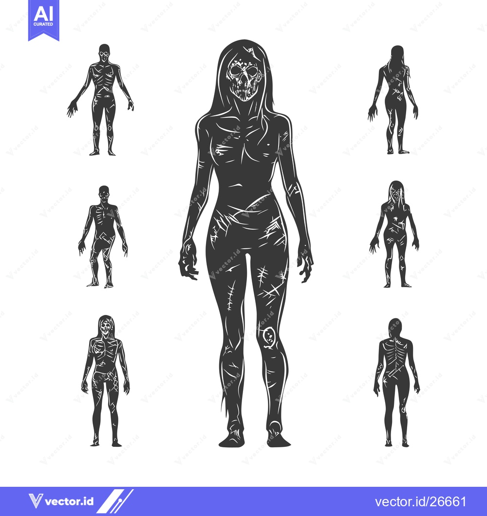 Premium Vector dari Black and White Silhouettes of a Female Skeleton with Different Poses