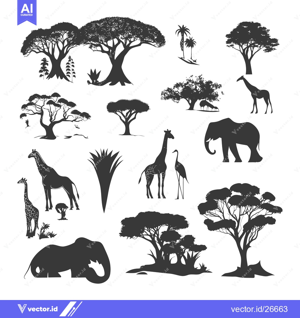 Premium Vector of Black and White Silhouettes of African Animals and Plants