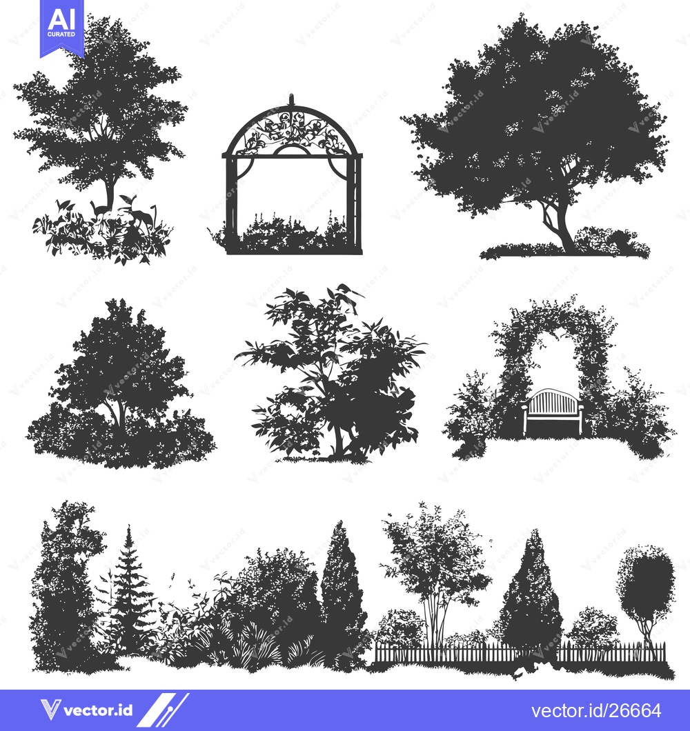 Premium Vector dari Black and White Silhouettes of a Garden with Trees, Arbors, and a Benc