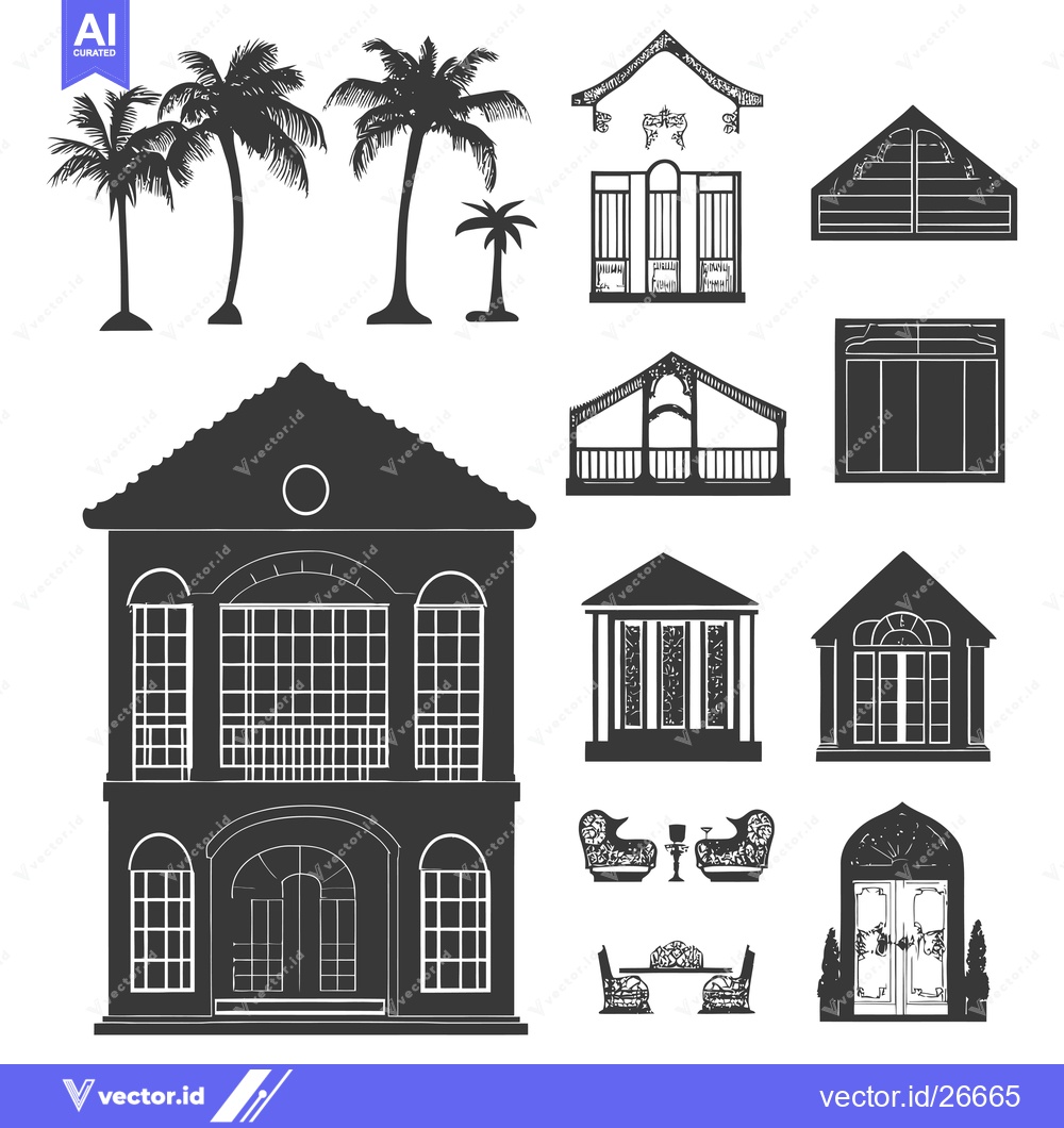 Premium Vector of Black and White Silhouettes of a House with Palm Trees, Arched Windows