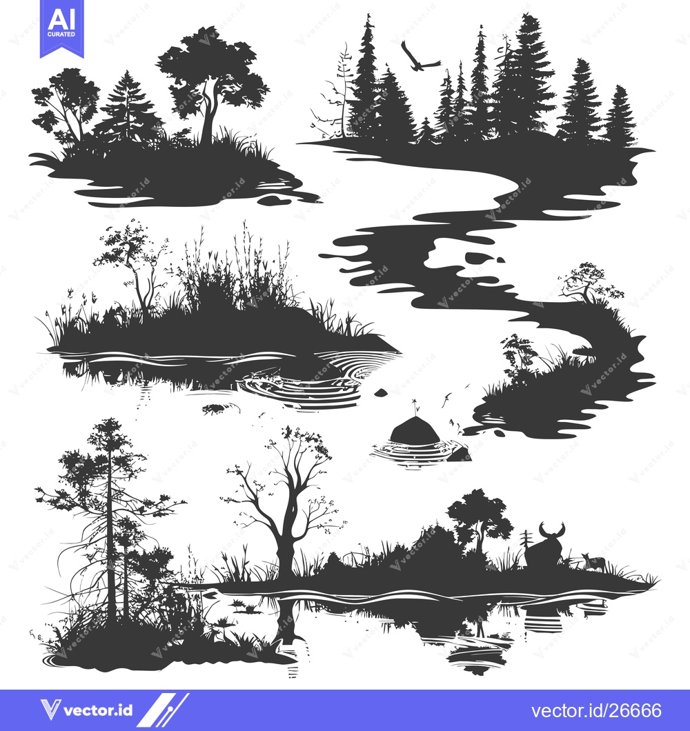 Premium Vector dari Black and White Silhouettes of a Winding River Through a Forest