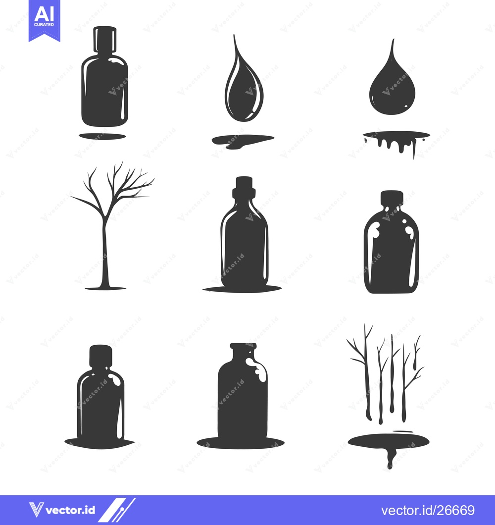 Premium Vector dari Black and White Silhouettes of Bottles, Trees, and Droplets