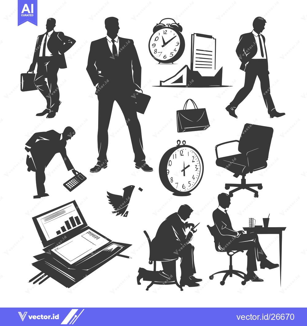 Premium Vector of Black and White Silhouettes of Businessmen and Office Objects