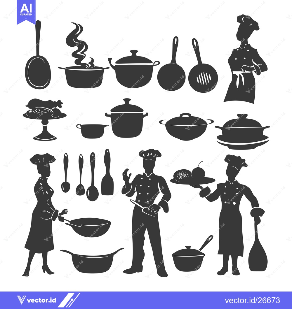 Premium Vector dari Black and White Silhouettes of Chefs and Kitchen Utensils