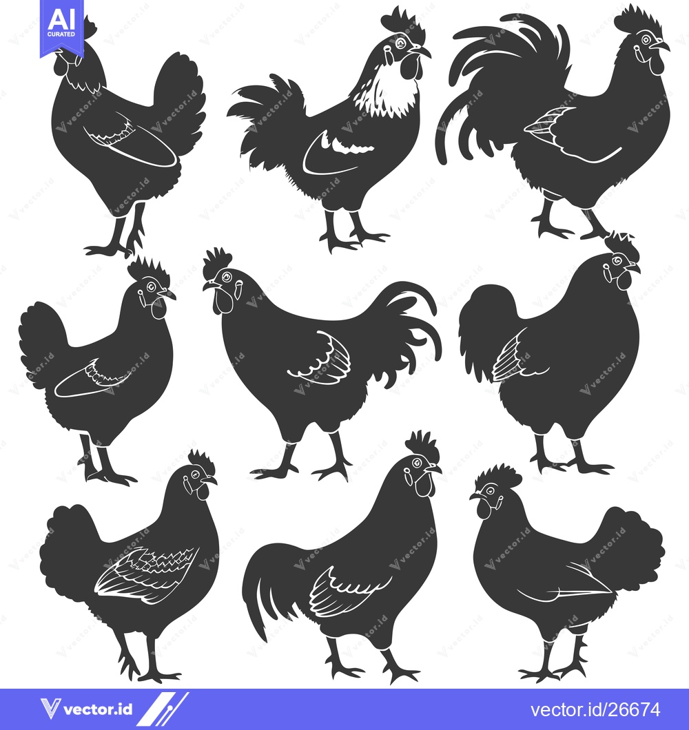 Premium Vector of Black and White Silhouettes of Chickens and Roosters