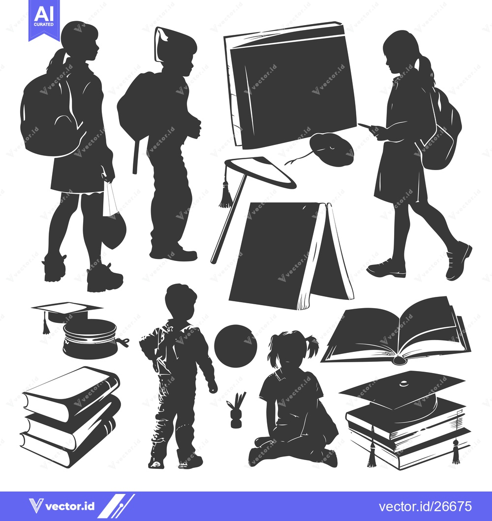 Premium Vector of Black and White Silhouettes of Children and School Supplies