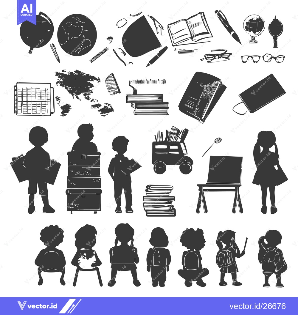 Premium Vector of Black and White Silhouettes of Children and School Supplies